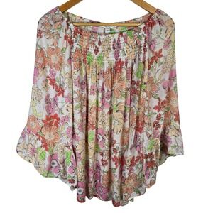 Lifestyle Attitude 1X Floral Print Blouse Top Smocked Neck Flowy Boho Bohemian